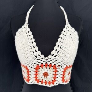 Crochet Babydoll Halter Crop Top Size S Boho Festival Hippie Coastal Resort Y2K